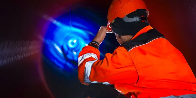 Técnico fazendo inspeção em espaço confinado na caverna de um navio